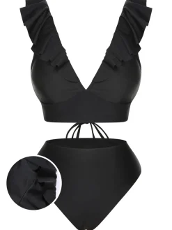 Hot Retro Stage 1950s Solid Ruffle Lace-Up V-Neck Swimsuit