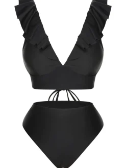Hot Retro Stage 1950s Solid Ruffle Lace-Up V-Neck Swimsuit