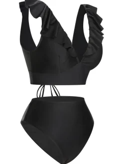 Hot Retro Stage 1950s Solid Ruffle Lace-Up V-Neck Swimsuit