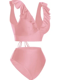 Hot Retro Stage 1950s Solid Ruffle Lace-Up V-Neck Swimsuit