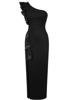 Sale Retro Stage 1930s Solid Ruffle One-Shoulder Slit Dress