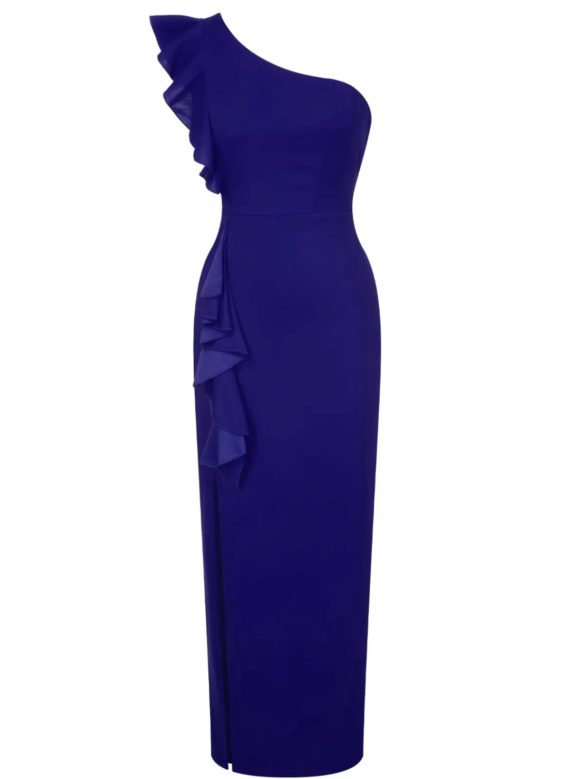 Sale Retro Stage 1930s Solid Ruffle One-Shoulder Slit Dress