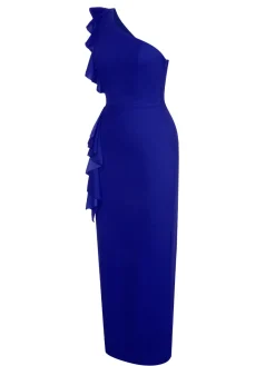 Sale Retro Stage 1930s Solid Ruffle One-Shoulder Slit Dress