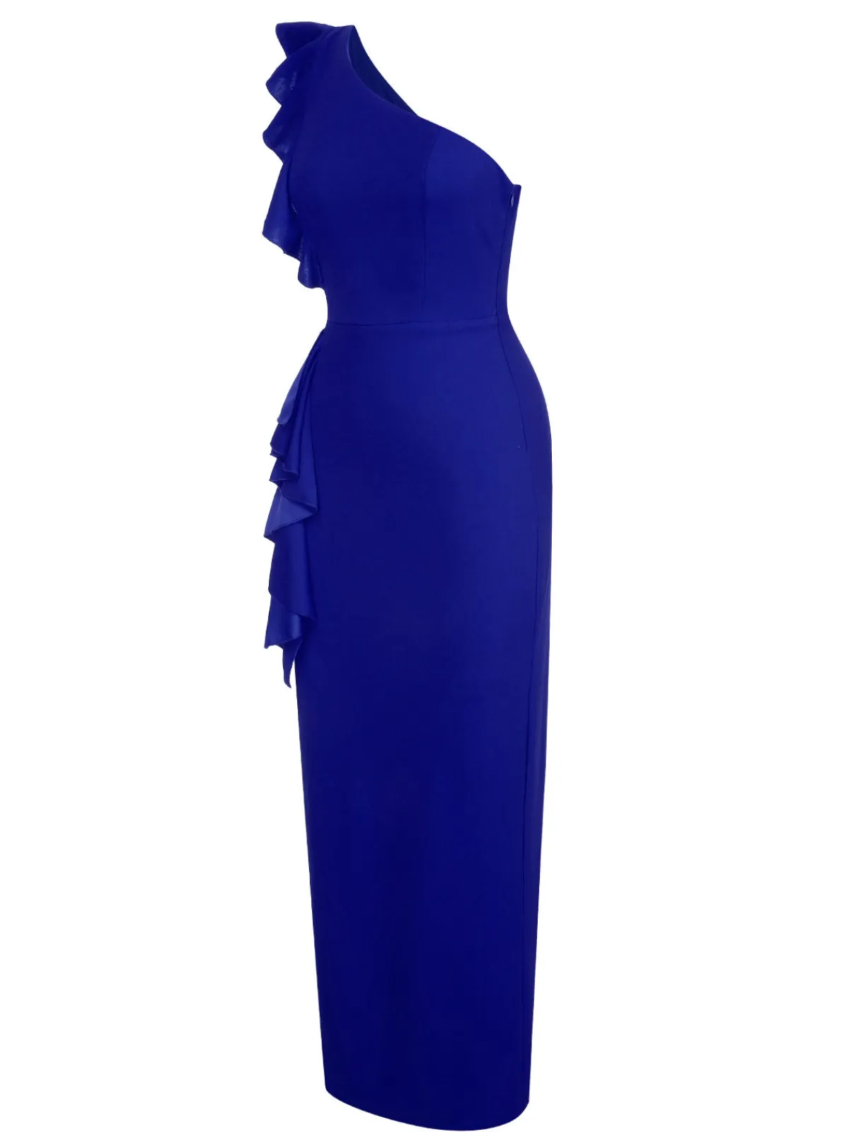 Sale Retro Stage 1930s Solid Ruffle One-Shoulder Slit Dress
