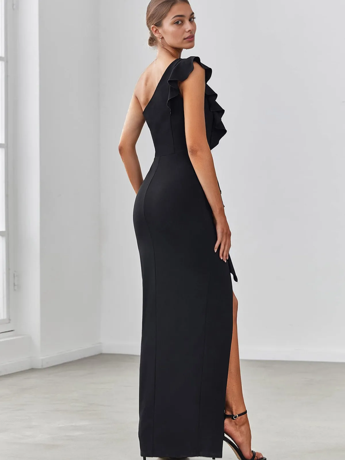 Sale Retro Stage 1930s Solid Ruffle One-Shoulder Slit Dress