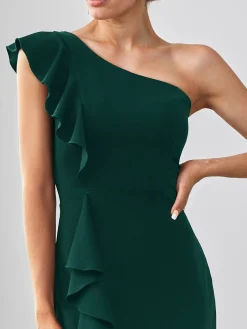 Sale Retro Stage 1930s Solid Ruffle One-Shoulder Slit Dress