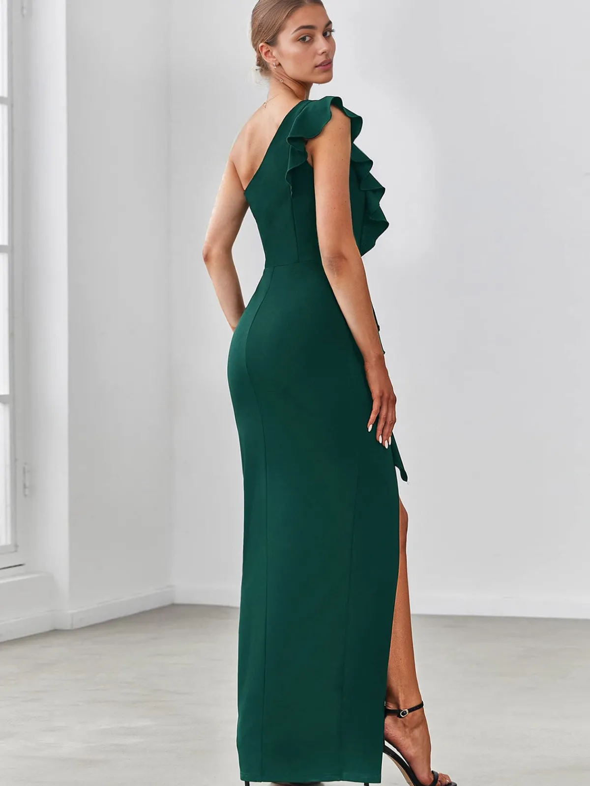Sale Retro Stage 1930s Solid Ruffle One-Shoulder Slit Dress