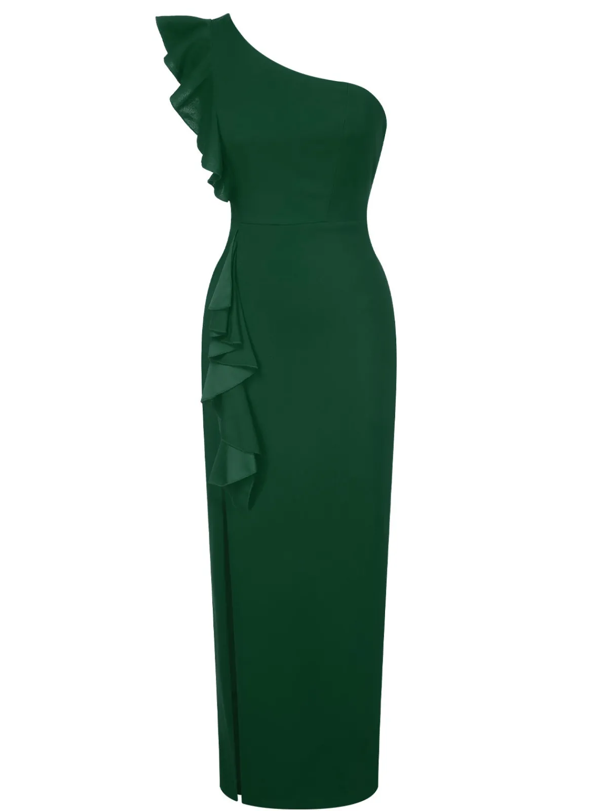 Sale Retro Stage 1930s Solid Ruffle One-Shoulder Slit Dress