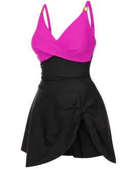 Clearance Retro Stage 1940s Solid Ruffle Patchwork Twist Swimdress