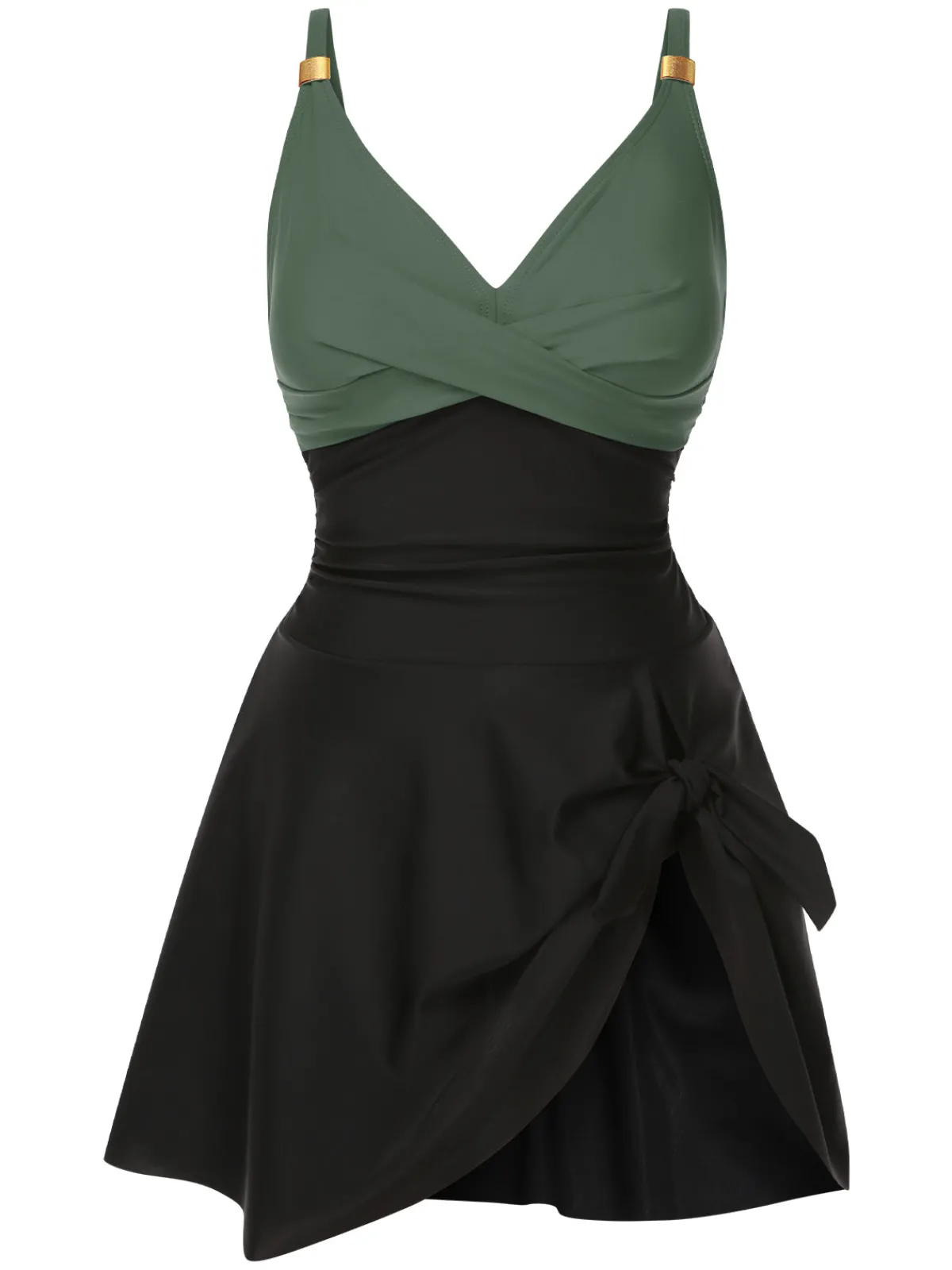 Clearance Retro Stage 1940s Solid Ruffle Patchwork Twist Swimdress