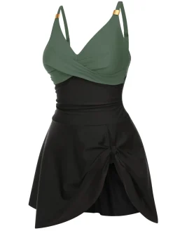 Clearance Retro Stage 1940s Solid Ruffle Patchwork Twist Swimdress