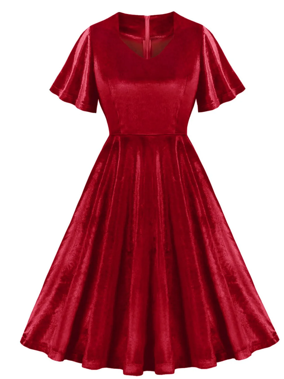Online Retro Stage 1950s Solid Ruffle Sleeves Velvet Dress