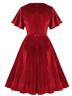 Online Retro Stage 1950s Solid Ruffle Sleeves Velvet Dress