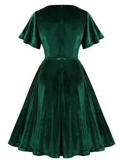 Online Retro Stage 1950s Solid Ruffle Sleeves Velvet Dress