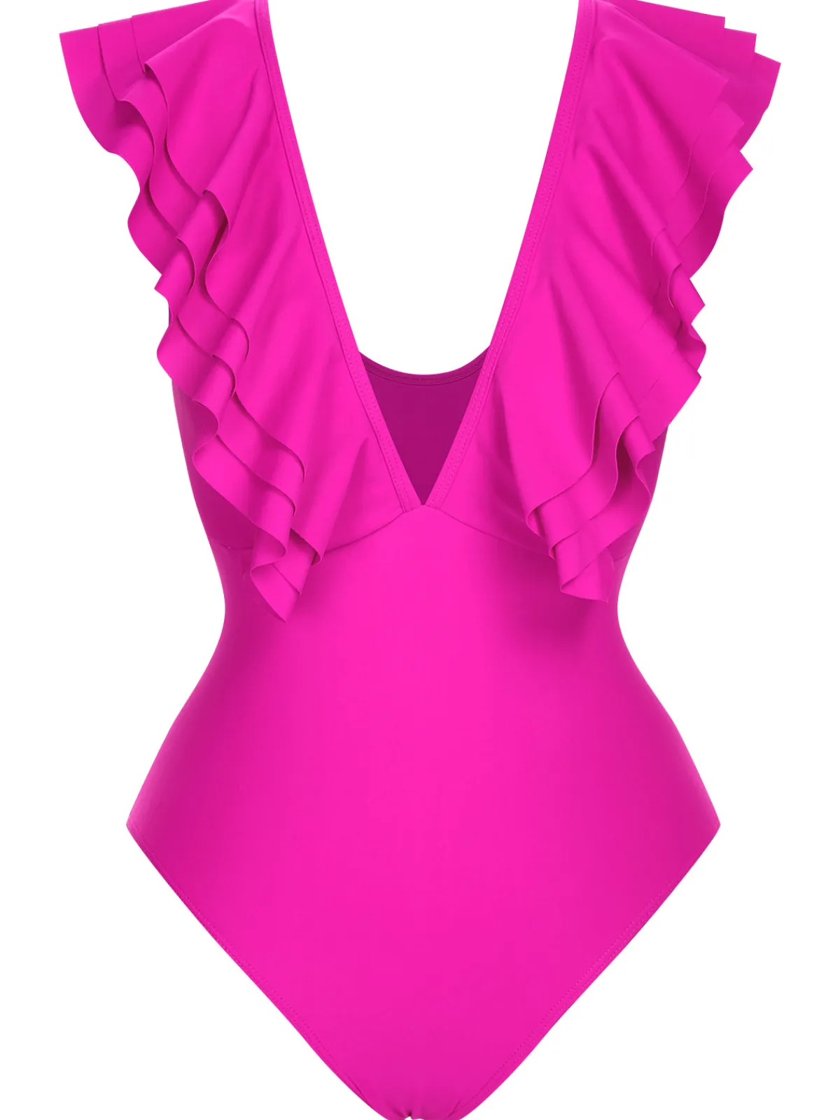Discount Retro Stage 1950s Solid Ruffle V-Neck One-Piece Swimsuit