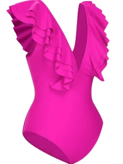 Discount Retro Stage 1950s Solid Ruffle V-Neck One-Piece Swimsuit