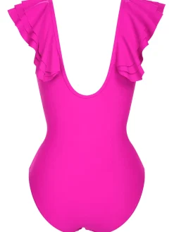 Discount Retro Stage 1950s Solid Ruffle V-Neck One-Piece Swimsuit