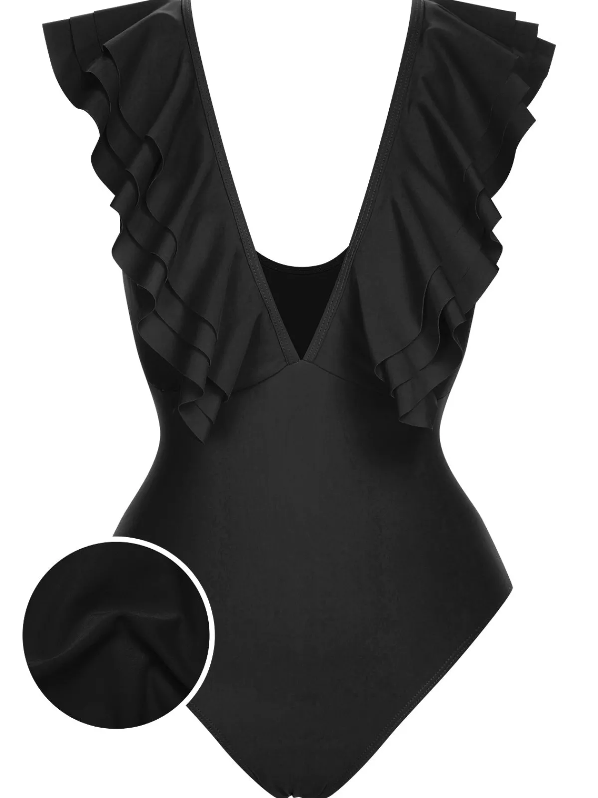 Discount Retro Stage 1950s Solid Ruffle V-Neck One-Piece Swimsuit
