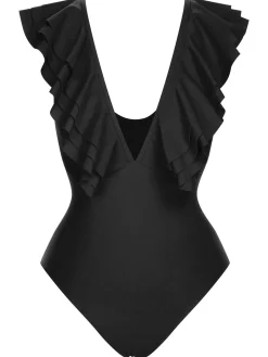 Discount Retro Stage 1950s Solid Ruffle V-Neck One-Piece Swimsuit