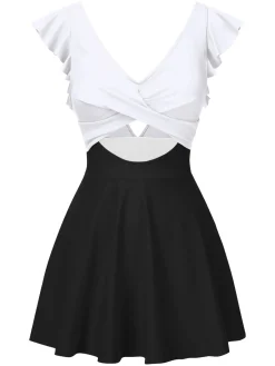 Discount Retro Stage 1930s Solid Ruffles Cut-Out Patchwork Swimdress