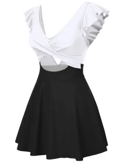Discount Retro Stage 1930s Solid Ruffles Cut-Out Patchwork Swimdress