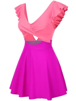Discount Retro Stage 1930s Solid Ruffles Cut-Out Patchwork Swimdress