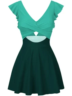 Discount Retro Stage 1930s Solid Ruffles Cut-Out Patchwork Swimdress