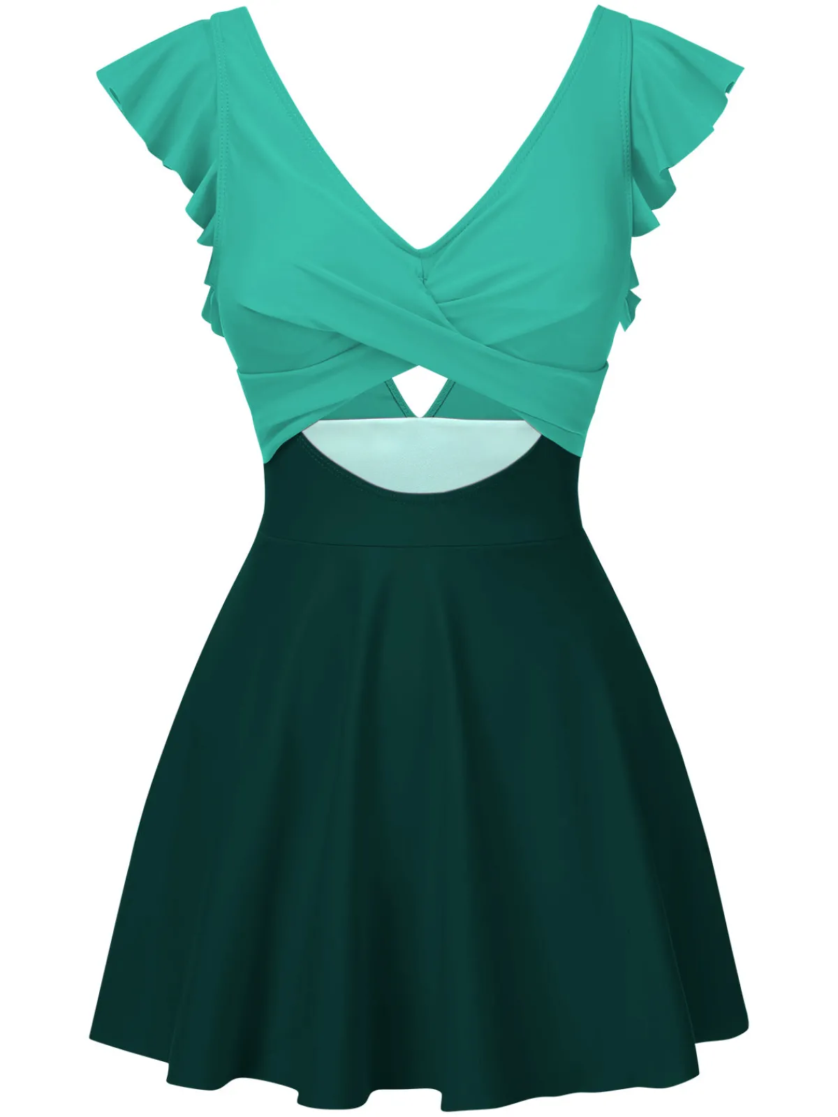 Discount Retro Stage 1930s Solid Ruffles Cut-Out Patchwork Swimdress