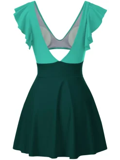 Discount Retro Stage 1930s Solid Ruffles Cut-Out Patchwork Swimdress