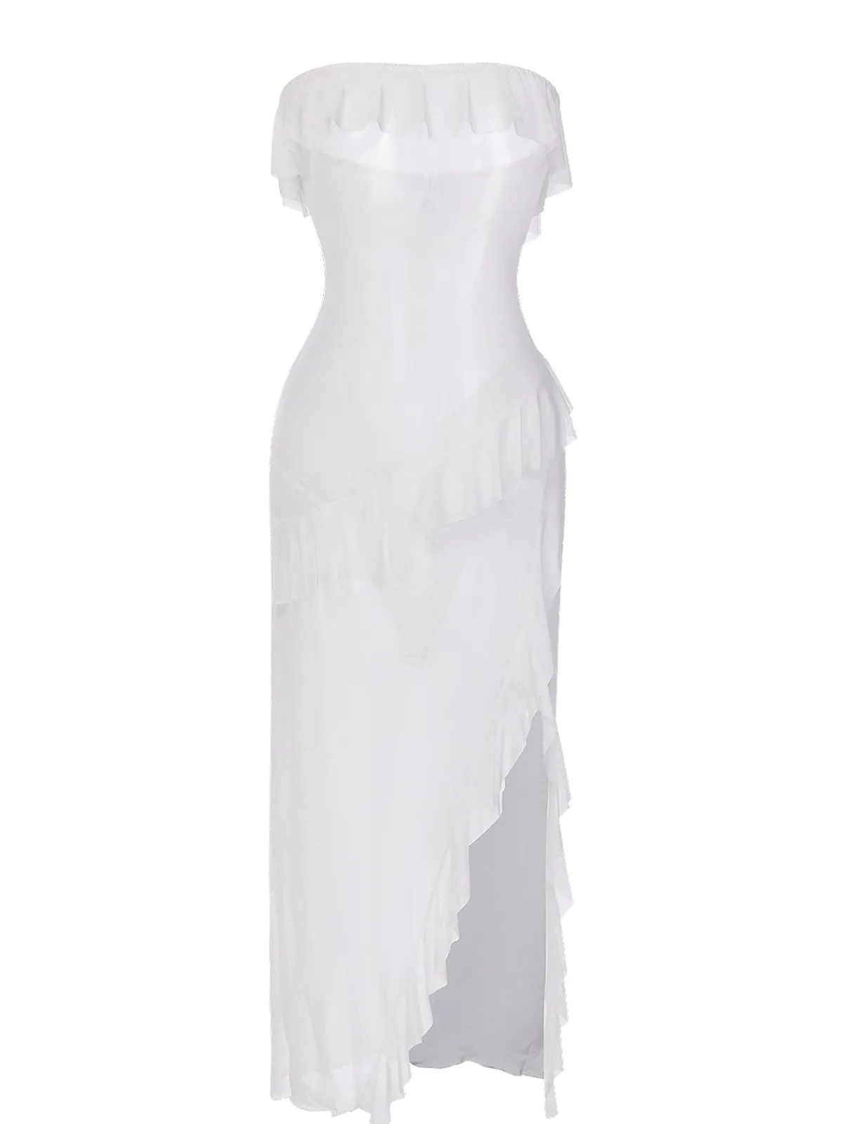 Online Retro Stage 1930s Solid Ruffles Oblique Hem Bandeau Nightgown