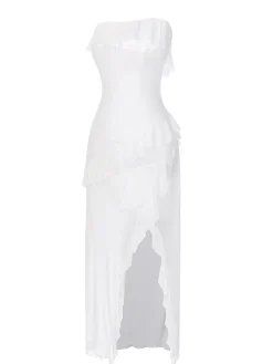 Online Retro Stage 1930s Solid Ruffles Oblique Hem Bandeau Nightgown
