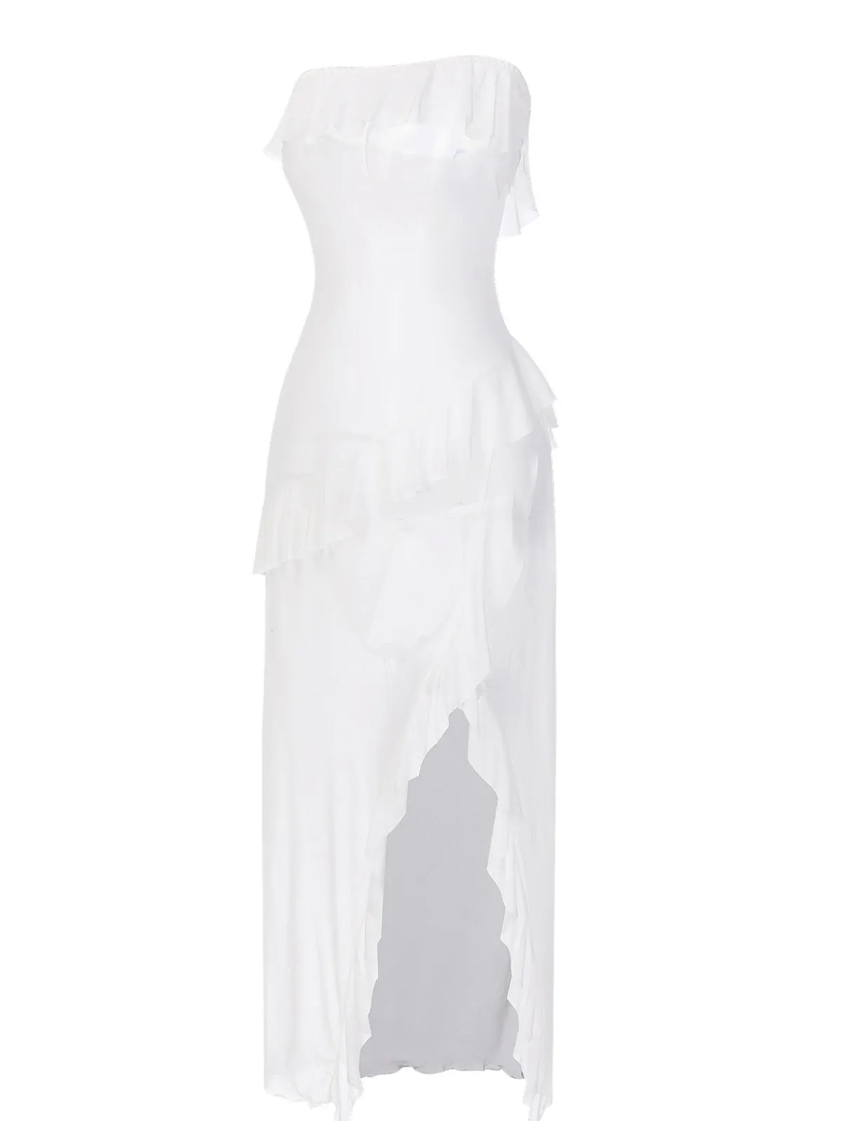 Online Retro Stage 1930s Solid Ruffles Oblique Hem Bandeau Nightgown
