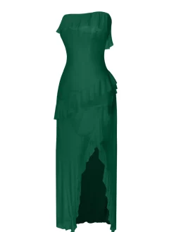 Online Retro Stage 1930s Solid Ruffles Oblique Hem Bandeau Nightgown