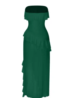 Online Retro Stage 1930s Solid Ruffles Oblique Hem Bandeau Nightgown