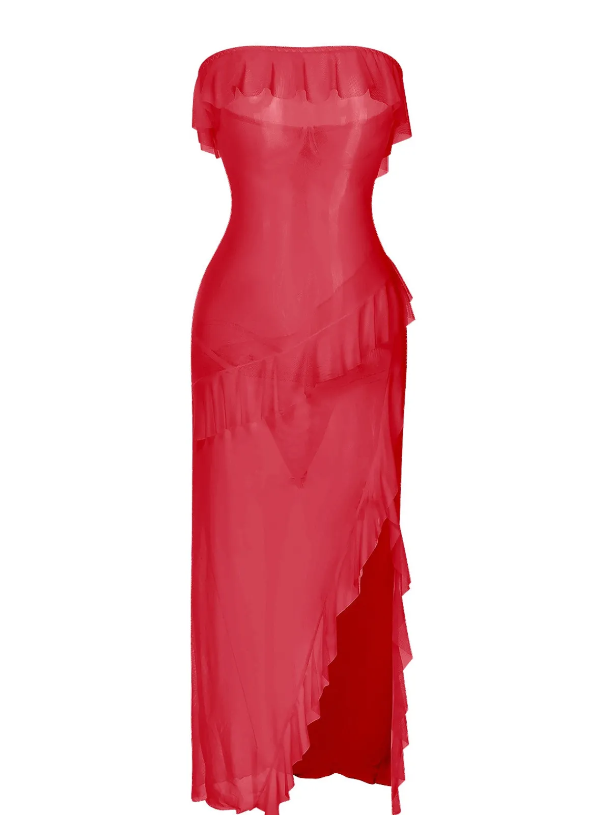 Online Retro Stage 1930s Solid Ruffles Oblique Hem Bandeau Nightgown