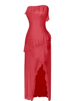 Online Retro Stage 1930s Solid Ruffles Oblique Hem Bandeau Nightgown