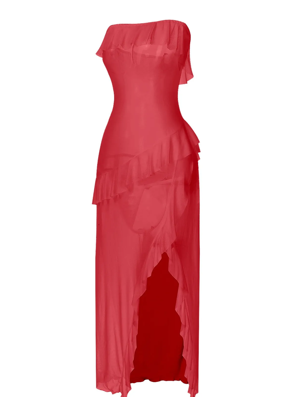 Online Retro Stage 1930s Solid Ruffles Oblique Hem Bandeau Nightgown