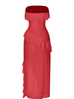Online Retro Stage 1930s Solid Ruffles Oblique Hem Bandeau Nightgown