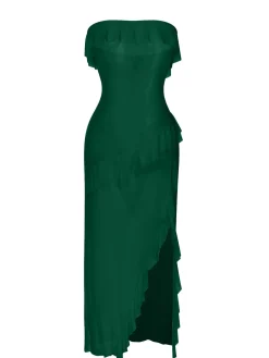 Online Retro Stage 1930s Solid Ruffles Oblique Hem Bandeau Nightgown