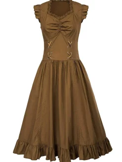 Fashion Retro Stage 1930s Solid Ruffles Square Neck Steampunk Dress