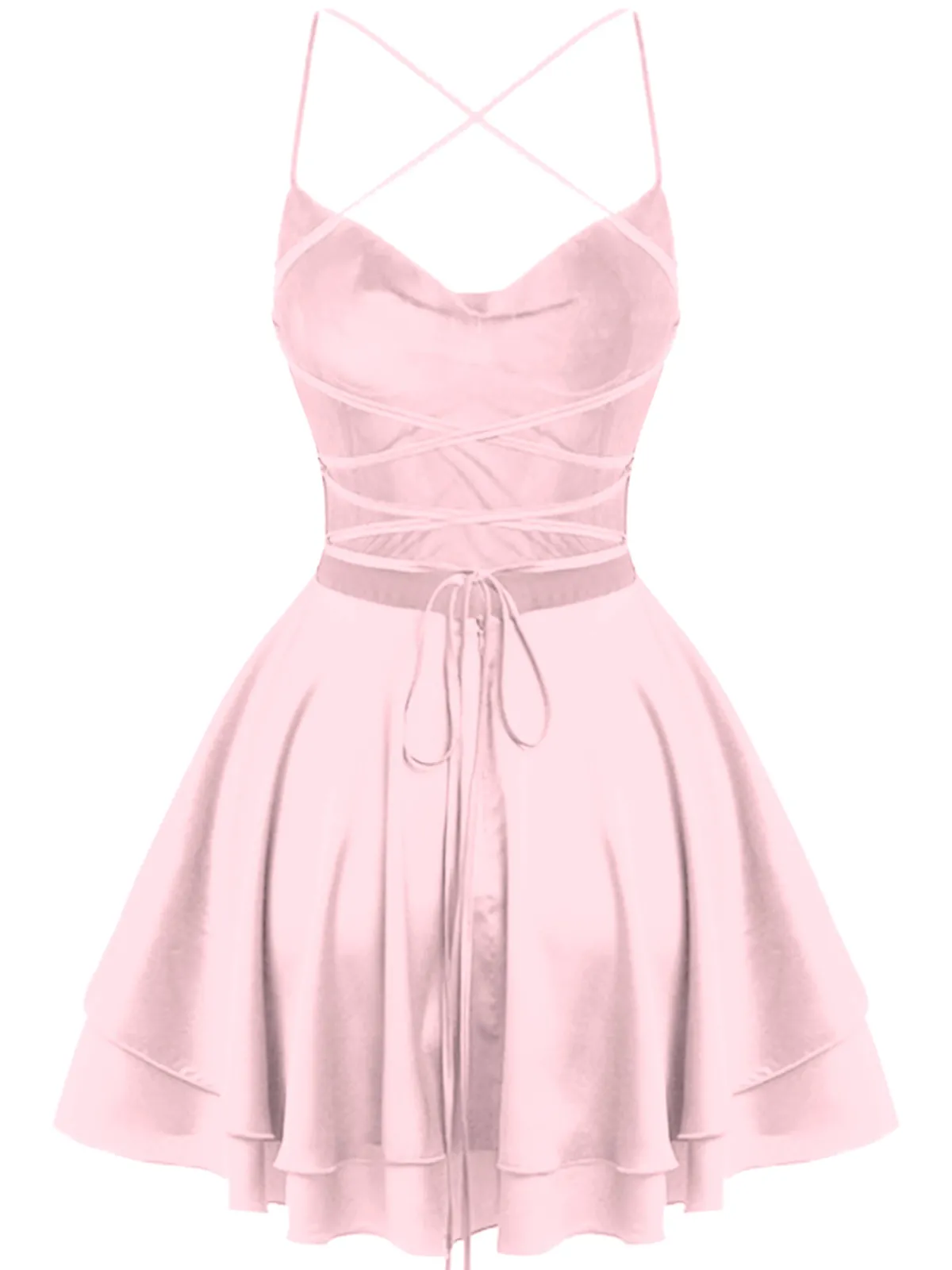 Clearance Retro Stage 1960s Solid Satin Back Lace-Up Mini Dress