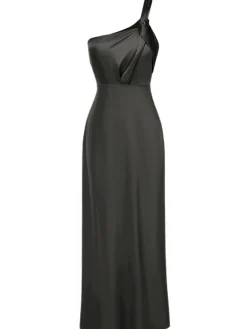 Hot Retro Stage 1940s Solid Satin One-Shoulder Dress
