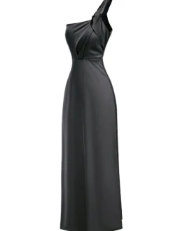 Hot Retro Stage 1940s Solid Satin One-Shoulder Dress