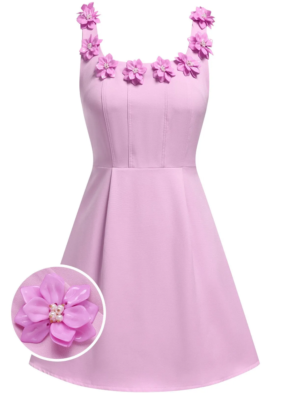 Sale Retro Stage 1950s Solid Scoop Neck 3D Floral Dress