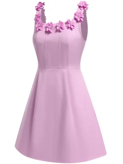 Sale Retro Stage 1950s Solid Scoop Neck 3D Floral Dress