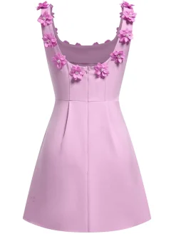 Sale Retro Stage 1950s Solid Scoop Neck 3D Floral Dress