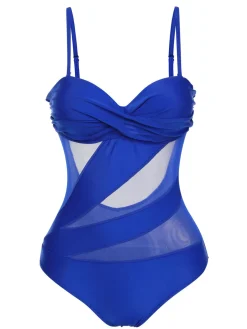 Fashion Retro Stage 1950s Solid Semi-Sheer Back Tie Swimsuit