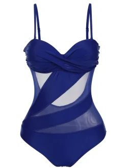 Fashion Retro Stage 1950s Solid Semi-Sheer Back Tie Swimsuit