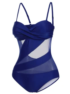 Fashion Retro Stage 1950s Solid Semi-Sheer Back Tie Swimsuit