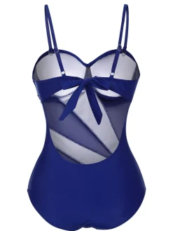 Fashion Retro Stage 1950s Solid Semi-Sheer Back Tie Swimsuit